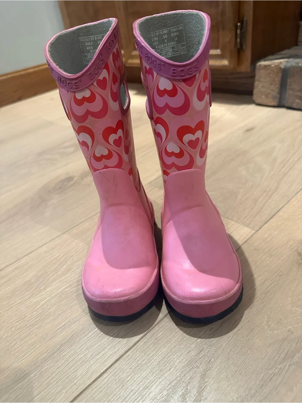 Bogs Pink and Red Heart-Print Kids Rain Boots